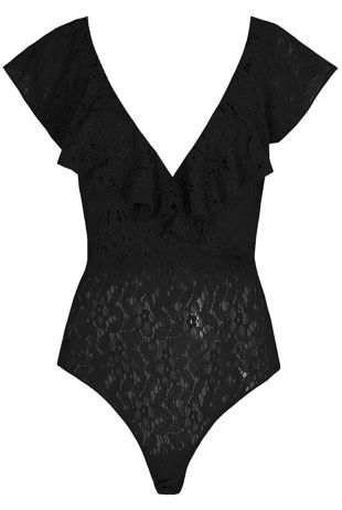 Black Lace Crochet Cross Over Frilled Bodysuit
