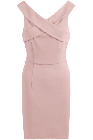 Pink Crossover Hug Shoulder Midi Dress