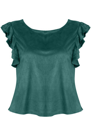 Dark Green Suede Frilled Sleeve Crop Top