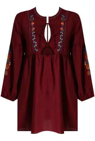 Wine Cotton Embroidered Smock