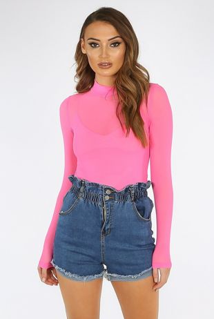 Fuchsia Mock Neck Sheer Mesh Bodysuit 