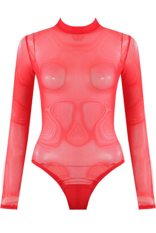 Red Mock Neck Sheer Mesh Bodysuit