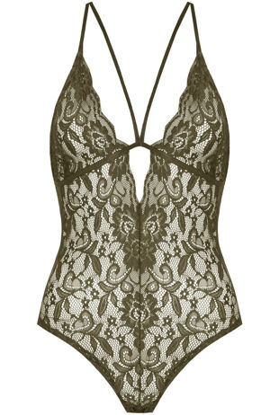 Khaki Embroidery Lace Criss Cross Back Bodysuit