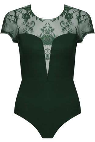 Green Floral Lace Back Zip Up Bodysuit 