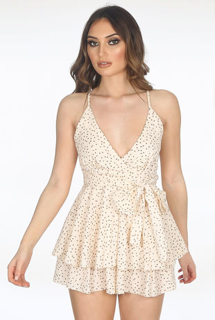 Cream Printed Wrap Over Playsuit