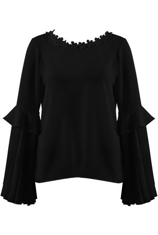 Black Flower Neckline Pleated Sleeves Blouse