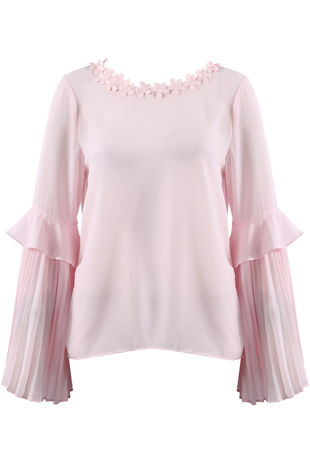 Rose Flower Neckline Pleated Sleeves Blouse