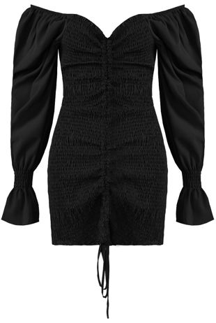 Black Ruched Front Tie Up Off Shoulder Mini Dress