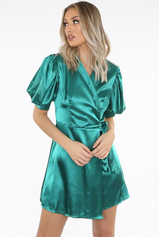 Green Satin Wrap Dress