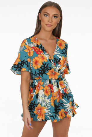 Orange Floral Print Side Knotted Wrap Up Playsuit