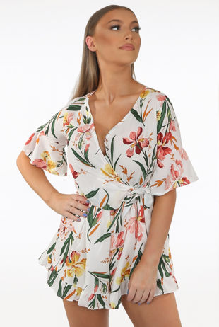 White Floral Print Side Knotted Wrap Up Playsuit
