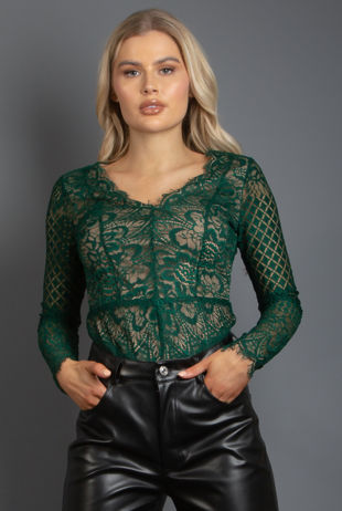 Green Scallop Lace Long Sleeve Bodysuit