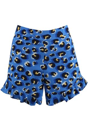 Blue Leopard Frill Hem Shorts