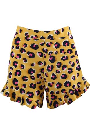 Yellow Leopard Frill Hem Shorts