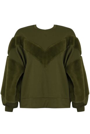 Khaki Sweatshirt With Faux Fur Detail