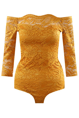 Mustard Off The Shoulder Lace Overlay Bodysuit