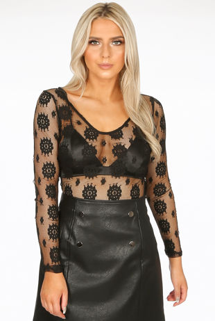Black Long Sleeve Sheer High Neck Bodysuit -Copy