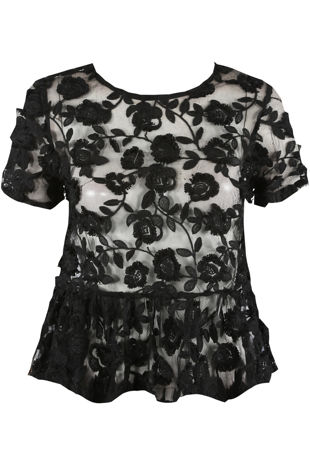 Black Embroidered Lace Mesh Tops