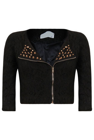 Black Lace Cropped Sleeved Gold Stud Trim