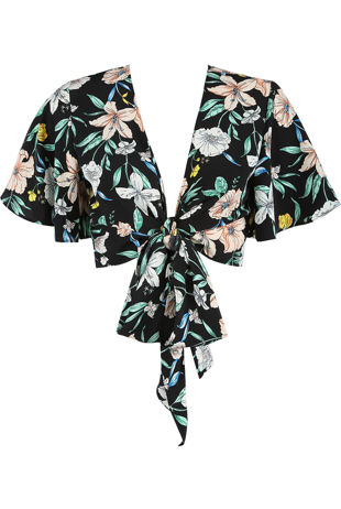 Black Flowy Floral Tie Front Crop Top