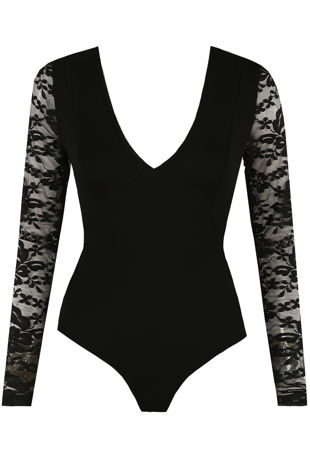 Black Floral Lace Trim Long Sleeves Bodysuit