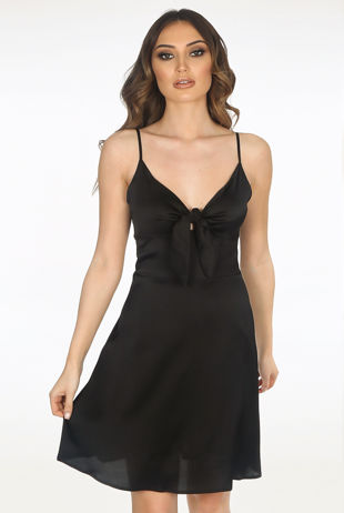 Black Satin Tie Up Skater Dress 