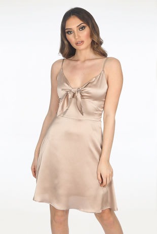 Taupe Satin Tie Up Skater Dress