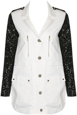 White with Black Sequin Sleeve Military Jacket