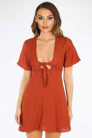Camel Front Tie Up Skater Dress