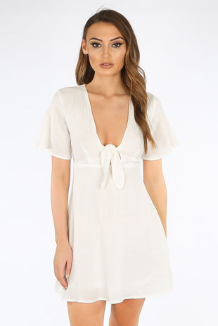 White Front Tie Up Skater Dress