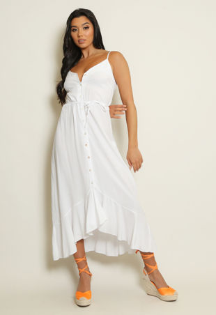 White Belted Button Front Maxi Dress
