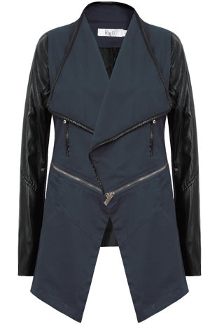 Navy Round Zip Detail Contrast PVC Sleeve Jacket-Copy
