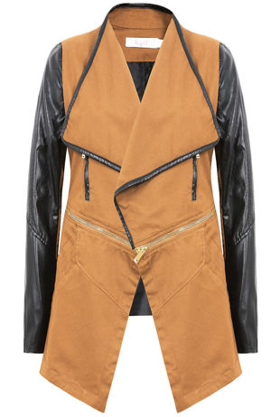 Camel Round Zip Detail Contrast PVC Sleeve Jacket