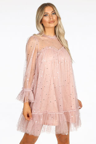 Pink Stars Trim Tulle Shift Dress