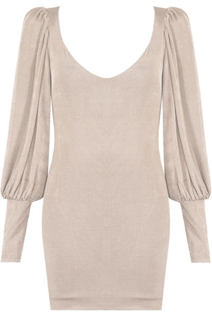 Beige Suede Pleated Low Neck Shift Dress