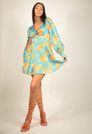 Blue Cut Out Floral Dress