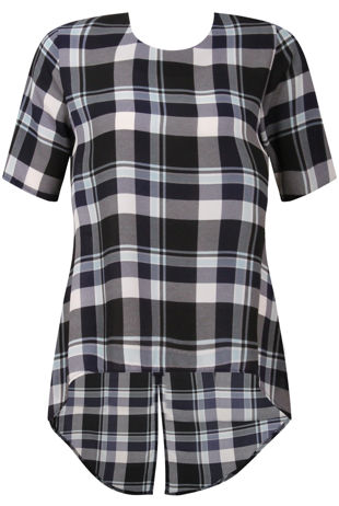 Navy Check Split Back Chiffon Top
