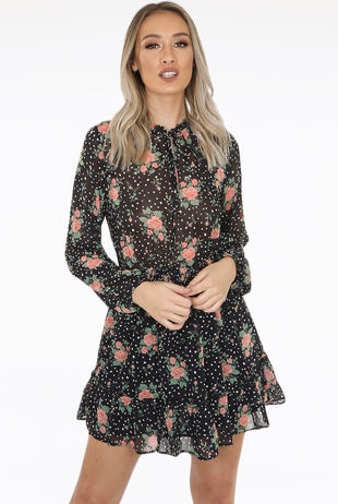 Black Floral Print Front Knot Shift Dress