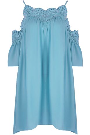 Sky Blue Embroidered Cut Out Shoulder Day Dress
