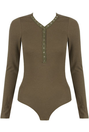 Khaki Push Up Button Trim Bodysuit