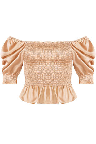 Beige Shirred Satin Bardot Top