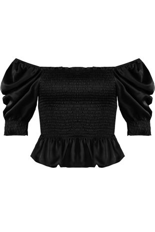 Black Shirred Satin Bardot Top