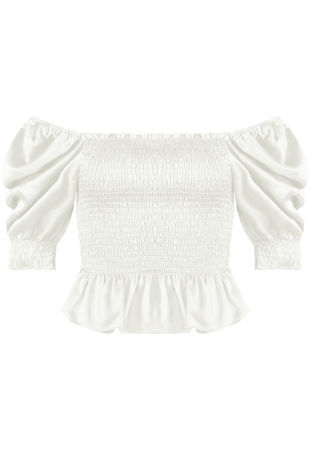 White Shirred Satin Bardot Top