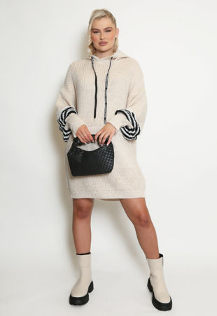 Beige Hooded Jumper Dress With Stripe Cuff