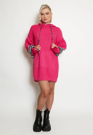 Fuchsia Hooded Jumper Dress With Stripe Cuff