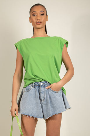 Green Padded Shoulder Jersey Top