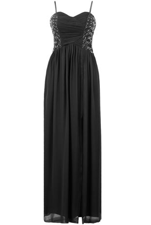 Black Diamante Stud Detailed Front Slit Maxi Dress
