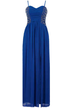 Blue Diamante Stud Detailed Front Slit Maxi Dress