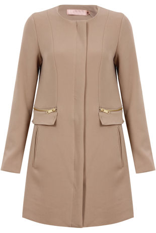 Beige Zip Detail Long Double Pocket Coat