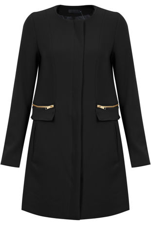 Black Zip Detail Long Double Pocket Coat